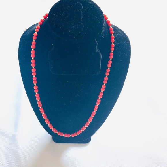 Genuine Natural Coral Round Beads And 18k Gold Beads Necklace 16”
